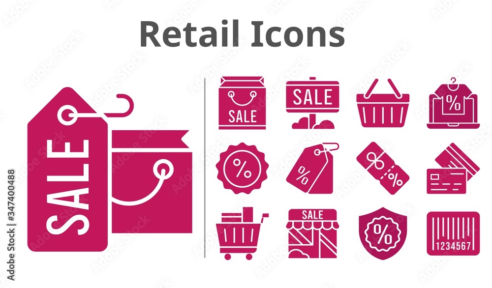 retail icons set. included shopping bag, online shop, sale, shop, price tag, shopping cart, warranty, discount, shopping-basket, credit card, barcode icons. filled styles.