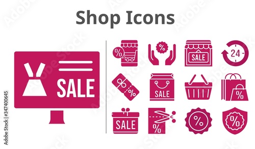 Wallpaper Mural shop icons set. included gift, online shop, shopping bag, 24-hours, shop, voucher, discount, warranty, shopping-basket icons. filled styles. Torontodigital.ca