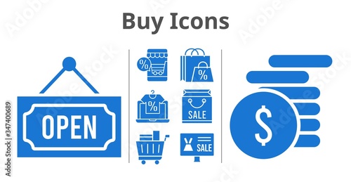buy icons set. included online shop, shopping bag, money, shopping cart, open icons. filled styles. © crysis.design