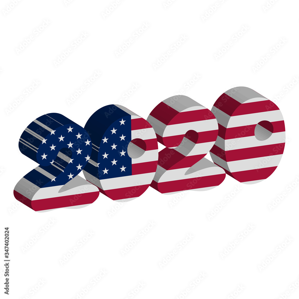 Obraz premium Text 2020 with American flag inside the text. 3D Vector illustration on striped background. American flag in letters. National emblem. Patriotic illustration. USA vote.