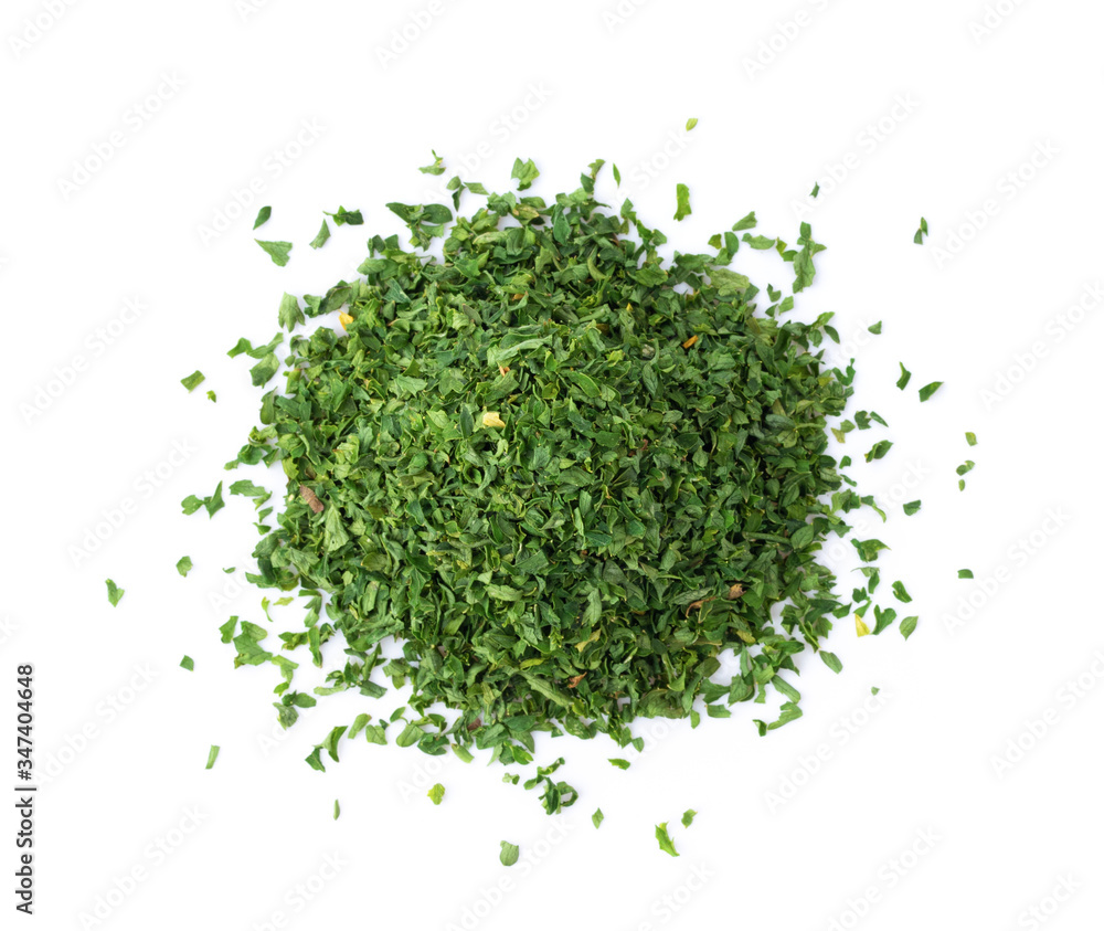 dried parsley on white background top view dried parsley on white background top view