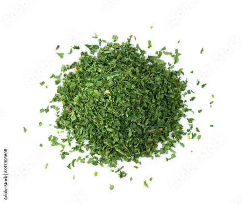 dried parsley on white background top view