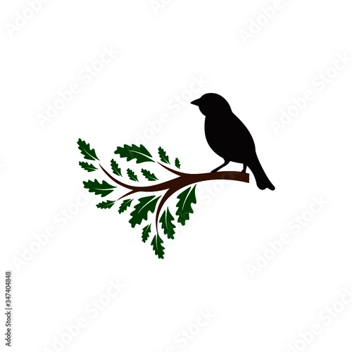 Silhouette little bird sitting on a branch icon isolated on white background