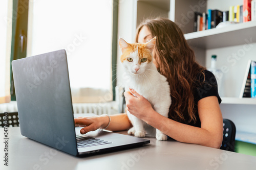 Giovane ragazza in smart woking con il gatto che le tiene compagnia  photo