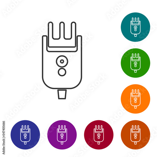 Black line Electrical hair clipper or shaver icon isolated on white background. Barbershop symbol. Set icons in color circle buttons. Vector Illustration