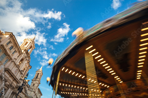 Canvas Print Ancient German Horse Carousel built in 1896 in Navona Square, Rome, Italy