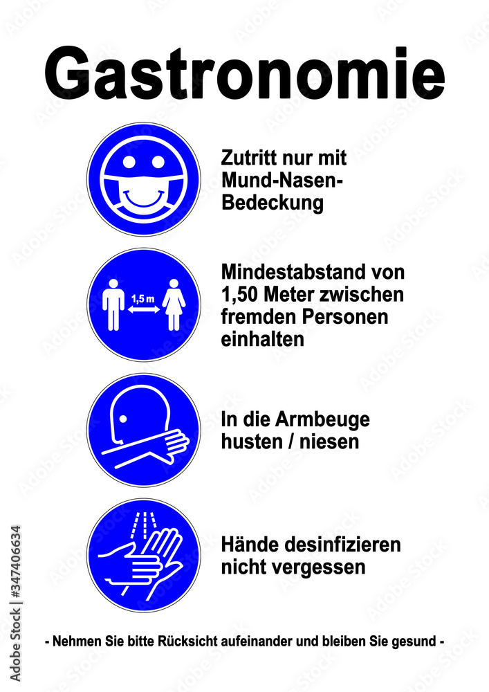 Naklejka premium ds198 DiskretionSchild - Gastronomie Set Icons: Zutritt mit Mund-Nasen-Bedeckung. - Mindestabstand 1,50 Meter. - In die Armbeuge husten, niesen. Hände desinfizieren. - Druckvorlage DIN A2 A3 A4 g9610