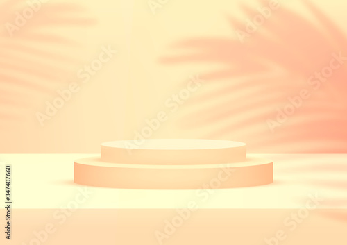 Empty podium studio orange background with palm leaves for product display. Showroom shoot render. Banner background for advertise product.