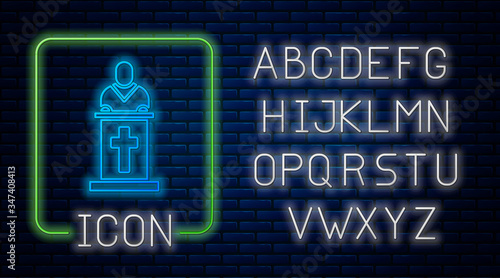 Glowing neon Church pastor preaching icon isolated on brick wall background. Neon light alphabet. Vector Illustration