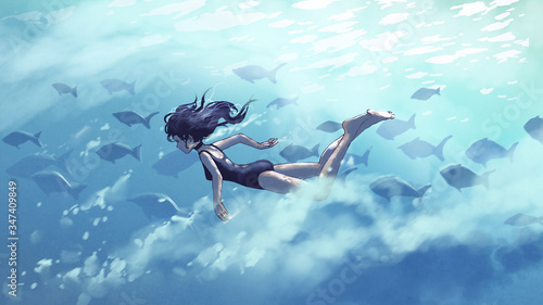 young woman diving with a school of fish in the sea, digital art style, illustration painting © grandfailure