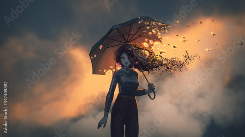 mysterious woman holds the burning umbrella standing against sunset sky background, digital art style, illustration painting
