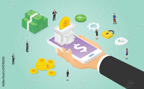 mobile banking concept with smartphone and hand hold apps with some cash money stack and people with modern isometric style