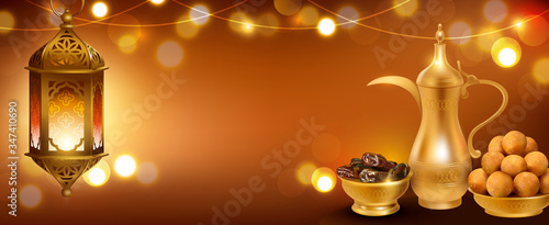 Ramadan Kareem banner. Template for Iftar party invitation with traditional coffee pot, dried dates, ancient lantern and sweets (gulab jamun). Vector illustration.