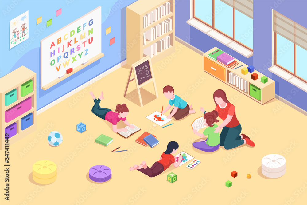 Kindergarten classroom with children playing and reading, painting. Preschool teacher with kids. Isometric room with toys and chalkboard. Playroom for baby. Vector design. Education and childhood Kindergarten classroom with children playing and reading, painting. Preschool teacher with kids. Isometric room with toys and chalkboard. Playroom for baby. Vector design. Education and childhood