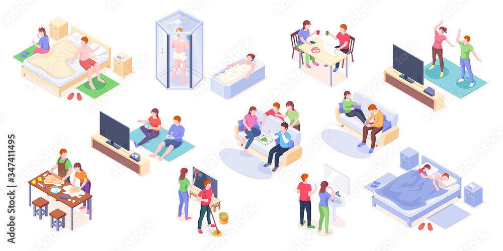 Couple daily life isometric vector design, man and woman home routine and everyday leisure activity. Couple daily life taking shower and bath, playing games with friends, cooking and eating breakfast