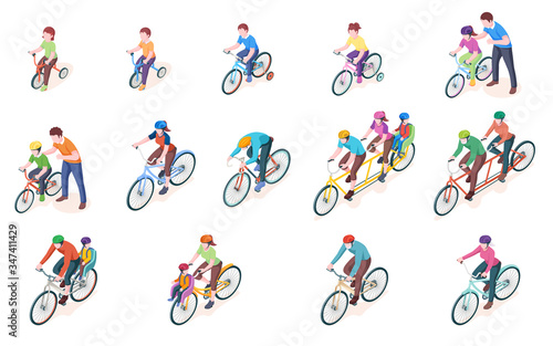 Set of vector man and woman bicyclist with kid or child. Bicycle transport. Triple and double, duo, sport bike. Vehicle with wheel and pedal. Couple or tandem riding. Children tricycle. Biking