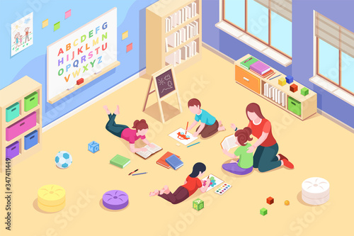 Kindergarten classroom with children playing and reading, painting. Preschool teacher with kids. Isometric room with toys and chalkboard. Playroom for baby. Vector design. Education and childhood