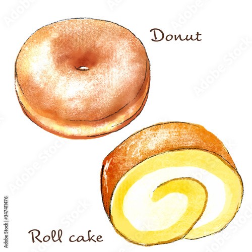 ドーナッツ　ロールケーキ　イラスト　リアル　手描き