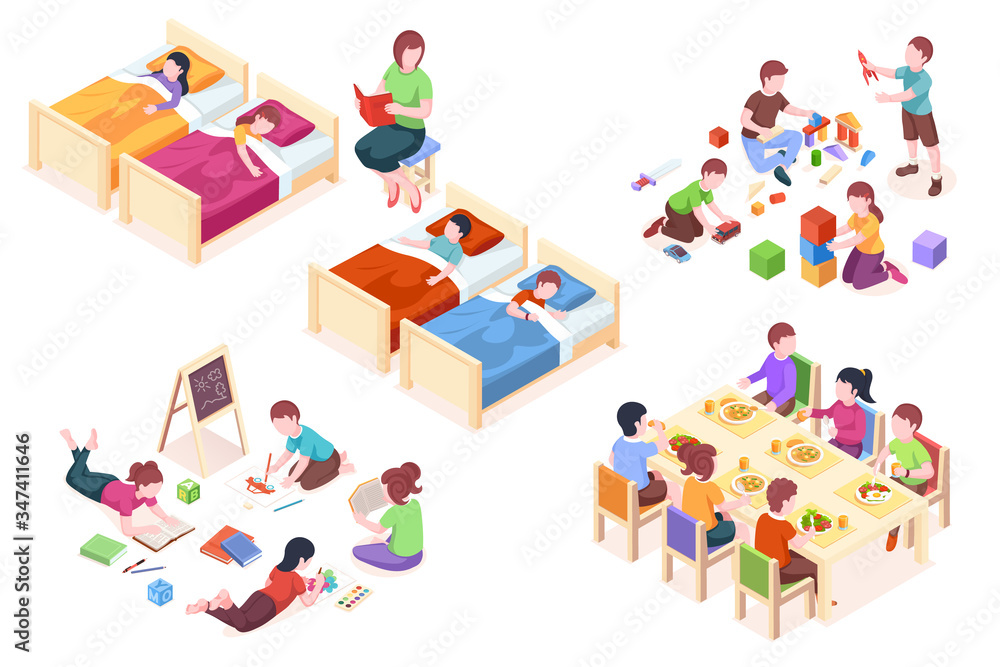 Naklejka premium Set of isolated illustration of children s kindergarten activity. Kids at sleep, child at dining table, boys and girls playing, preschool kinder study and read books. Woman teacher with her class