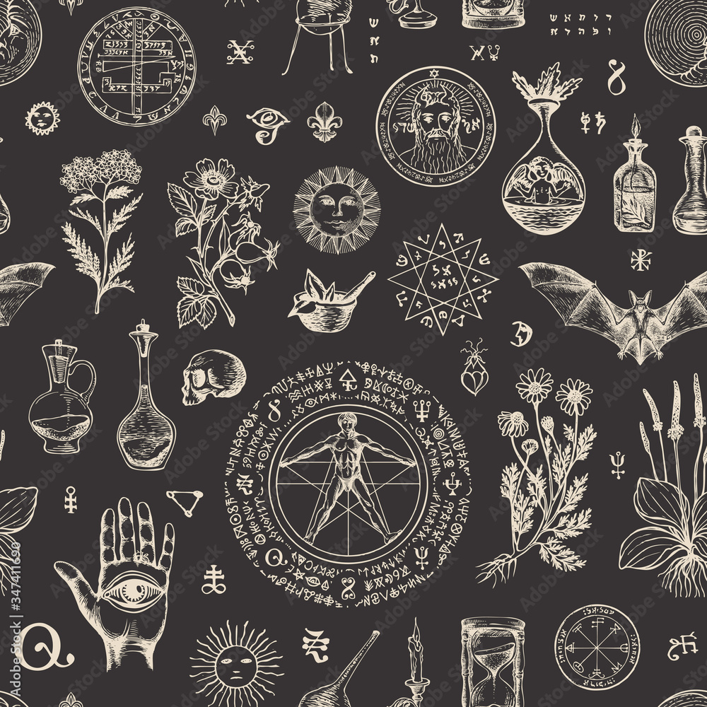 Naklejka Vector seamless pattern on the theme of alchemy and healing in retro style. Abstract repeating background with hand-drawn sketches, medicinal herbs and old alchemical symbols on a black background