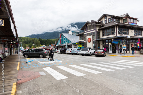 Street scene with people in Ketchikan, a port town that is a popular cruise ship stop on the Inside Passage, Alaska, USA