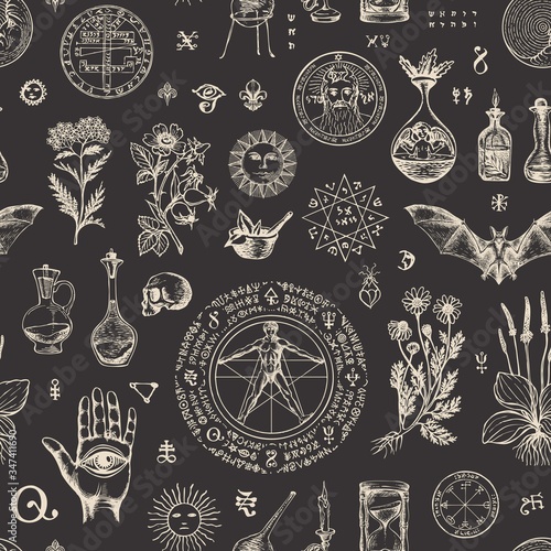Vector seamless pattern on the theme of alchemy and healing in retro style. Abstract repeating background with hand-drawn sketches, medicinal herbs and old alchemical symbols on a black background