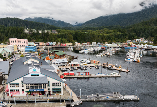 View from cruise ship over Ketchikan, a port town that is a popular cruise ship stop on the Inside Passage, Alaska, USA