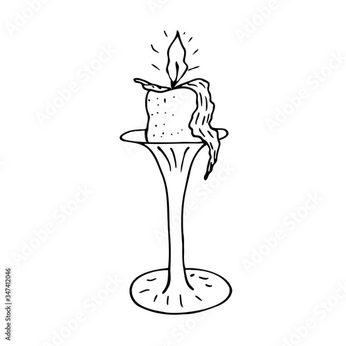  Candle on a candlestick, flame, design, church, holiday. Wax, paraffin flows down the candle. Black lines on a white background.
Vector illustration.