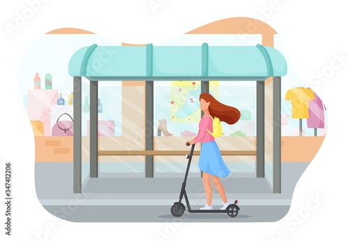 Young woman rides on electric scooter through the city. Ecology transport concept. Vector illustration.