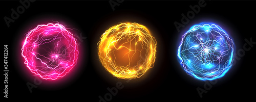 Energy balls and plasma sphere, vector electric lightning and light flash sparks. Magic lightning discharge, red pin, blue purple and golden yellow color realistic energy balls, electric light burst