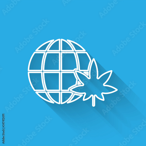 White line Legalize marijuana or cannabis globe symbol icon isolated with long shadow. Hemp symbol.  Vector Illustration
