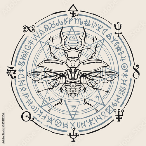 Decorative illustration with a stag-beetle on the background of illegible scribbles written in a circle. Vector hand-drawn banner in retro style on a light background