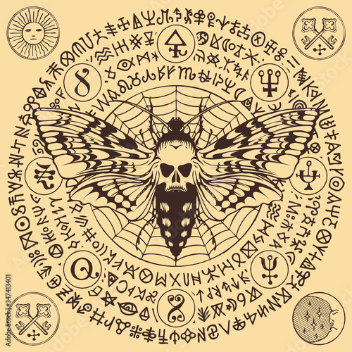 Hand-drawn illustration with a butterfly Dead head with skull-shaped pattern on the thorax. Vector banner in retro style with a moth on the background of illegible scribbles written in a circle
