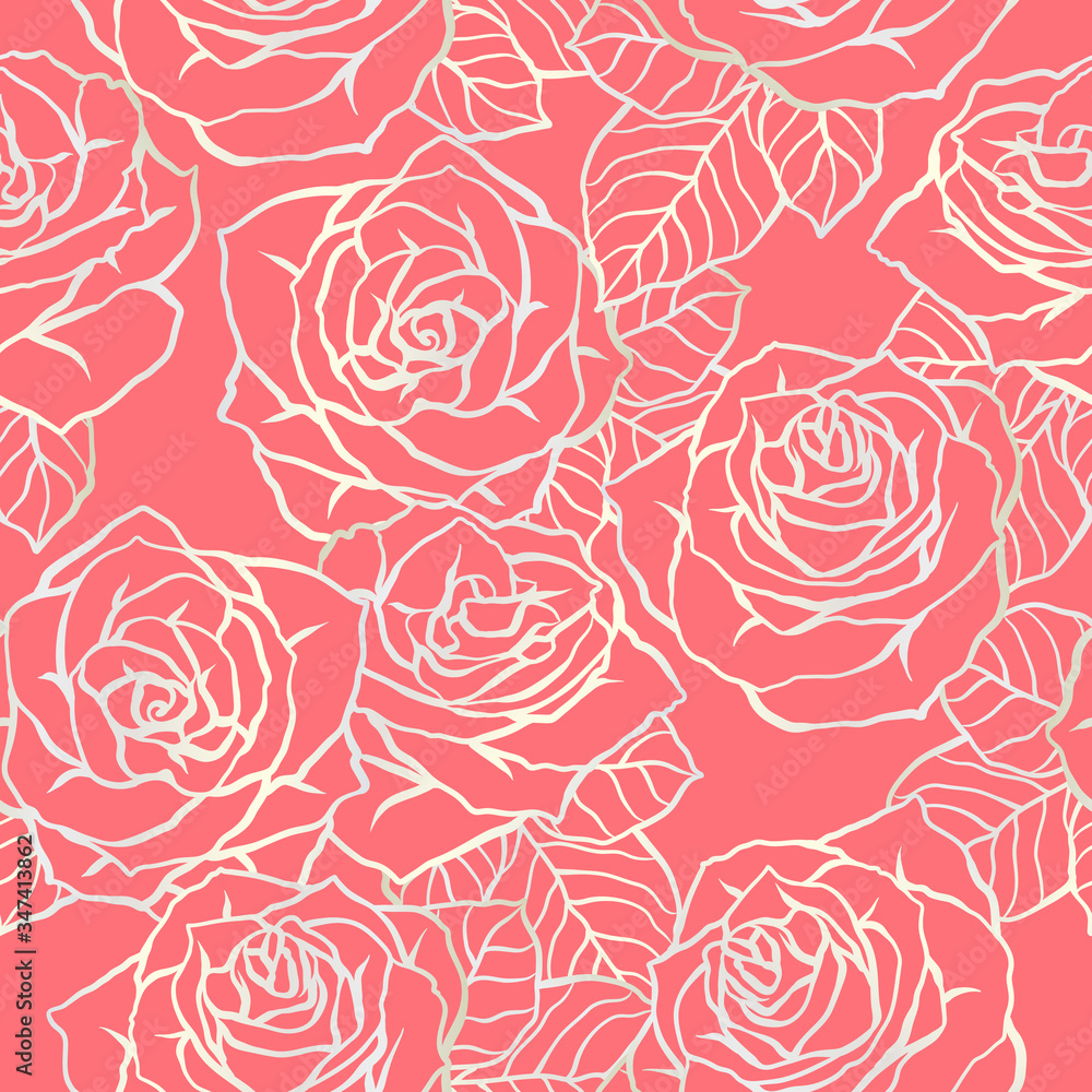 Seamless pattern with outline roses. Beautiful flowers and leaves.