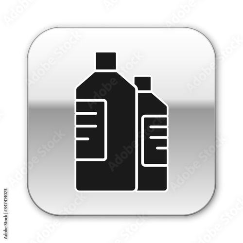 Black Plastic bottles for laundry detergent, bleach, dishwashing liquid or another cleaning agent icon isolated on white background. Silver square button. Vector Illustration