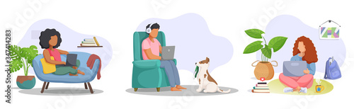 Collection of people working at home. Freelancer, online education or social media concept. Vector illustration.