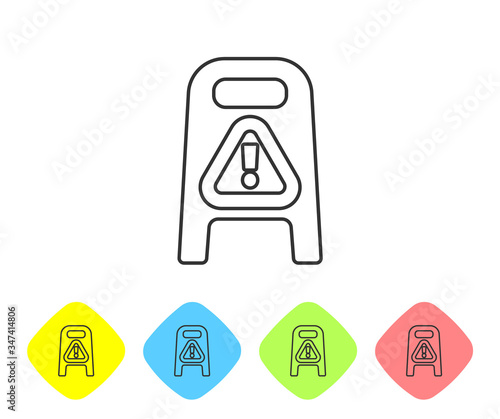 Grey line Wet floor and cleaning in progress icon isolated on white background. Cleaning service concept. Set icons in color rhombus buttons. Vector Illustration