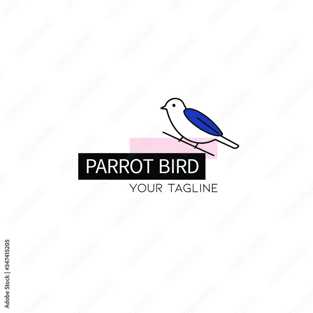 Bird logo design sit in branch with blue wings. Doodle, line art icon, vector illustration Bird logo design sit in branch with blue wings. Doodle, line art icon, vector illustration