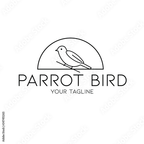 Bird logo design inside home cage window. Doodle, line art vector illustration