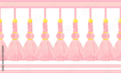 Vector seamless border pattern. Horizontal tassels from yarn or tread with beads and braid on cords, flat macrame style. Abstract design, powdery pink colors. Perfect for baby girl design