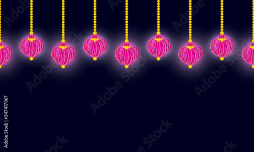 Vector seamless border pattern. Heart yarn tassels with cute pink, rose glow. Garland from lantern, string of lights. Horizontal divider for Valentine’s day, wedding celebrating decor, greeting cards