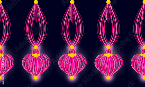 Vector seamless border pattern. Heart yarn tassels with cute pink, rose glow. Garland from lantern, string of lights. Horizontal divider for Valentine’s day, wedding celebrating decor, greeting cards
