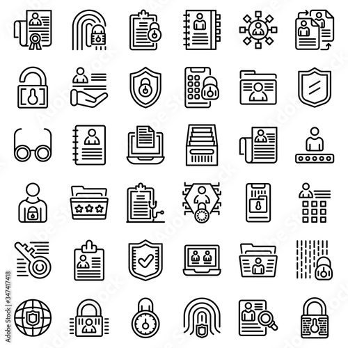 Personal information icons set. Outline set of personal information vector icons for web design isolated on white background