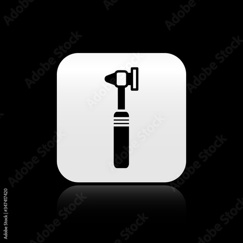 Black Medical otoscope tool icon isolated on black background. Medical instrument. Silver square button. Vector Illustration