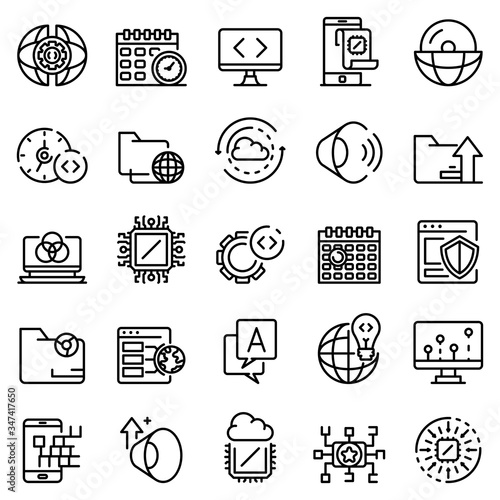 Operating system icons set. Outline set of operating system vector icons for web design isolated on white background