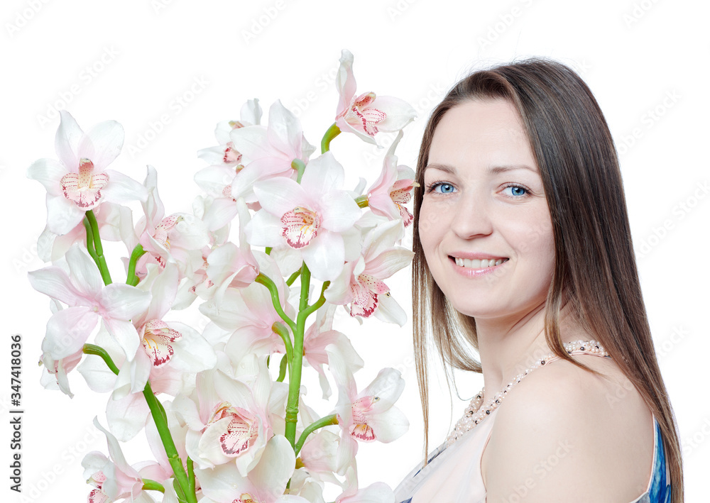 Beautiful happy woman with orchid flower over white background Beautiful happy woman with orchid flower over white background