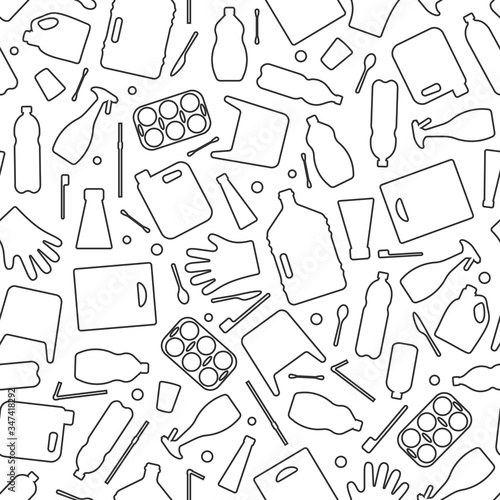 Plastic waste, ocean pollution seamless pattern vector illustration. Eco problem water pollution trash outline symbol seamless background. Earth day wallpaiper with single use plastic garbage icons