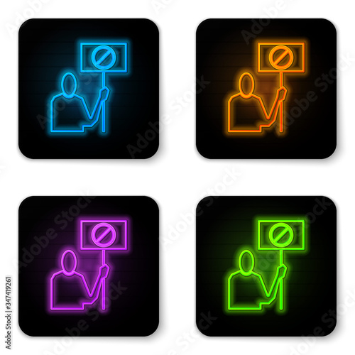 Glowing neon Nature saving protest icon isolated on white background. Earth planet protection, environmental issues demonstration. Black square button. Vector Illustration