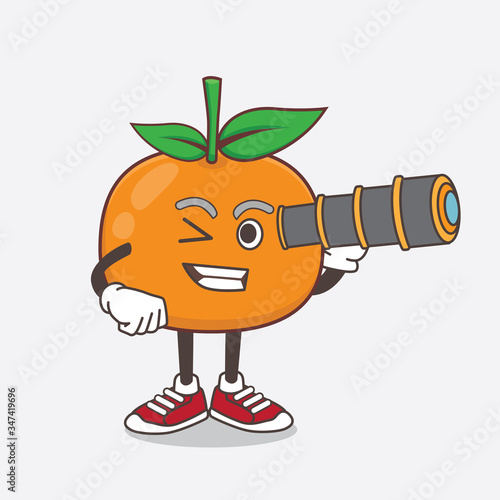 Mandarin Fruit cartoon mascot character using a monocular
