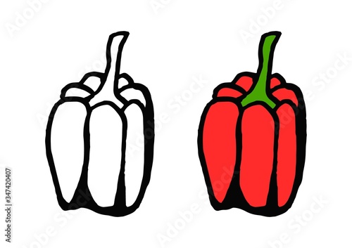 Set sweet red pepper in doodle style isolated on white background. Vector hand drawn outline illustration. Coloring book for kids.